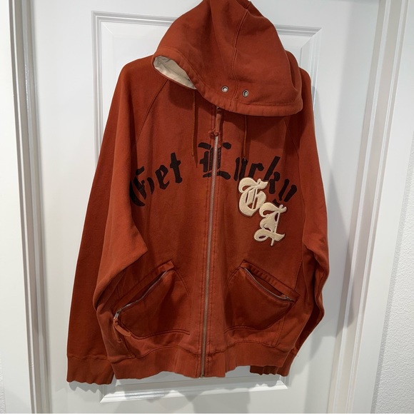 Rare Get Lucky fullzip drawstring graphic sweatshirt hooded brown unisex size XL - Picture 2 of 8